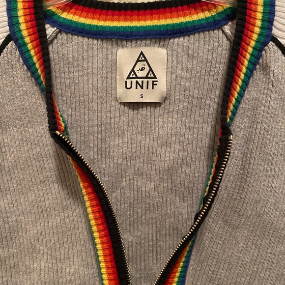 •UNIF• Zip Front Rainbow Trimmed Soft Ribbed Heather Crop Sweater Top 🌈🍭⛅️ - Picture 9 of 10